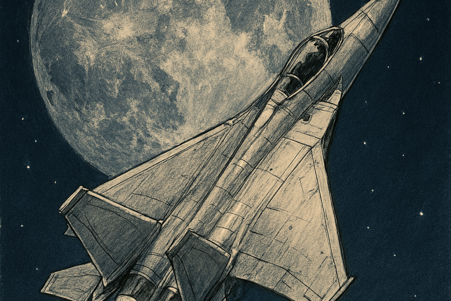 星空に浮かぶ月と戦闘機のイラスト